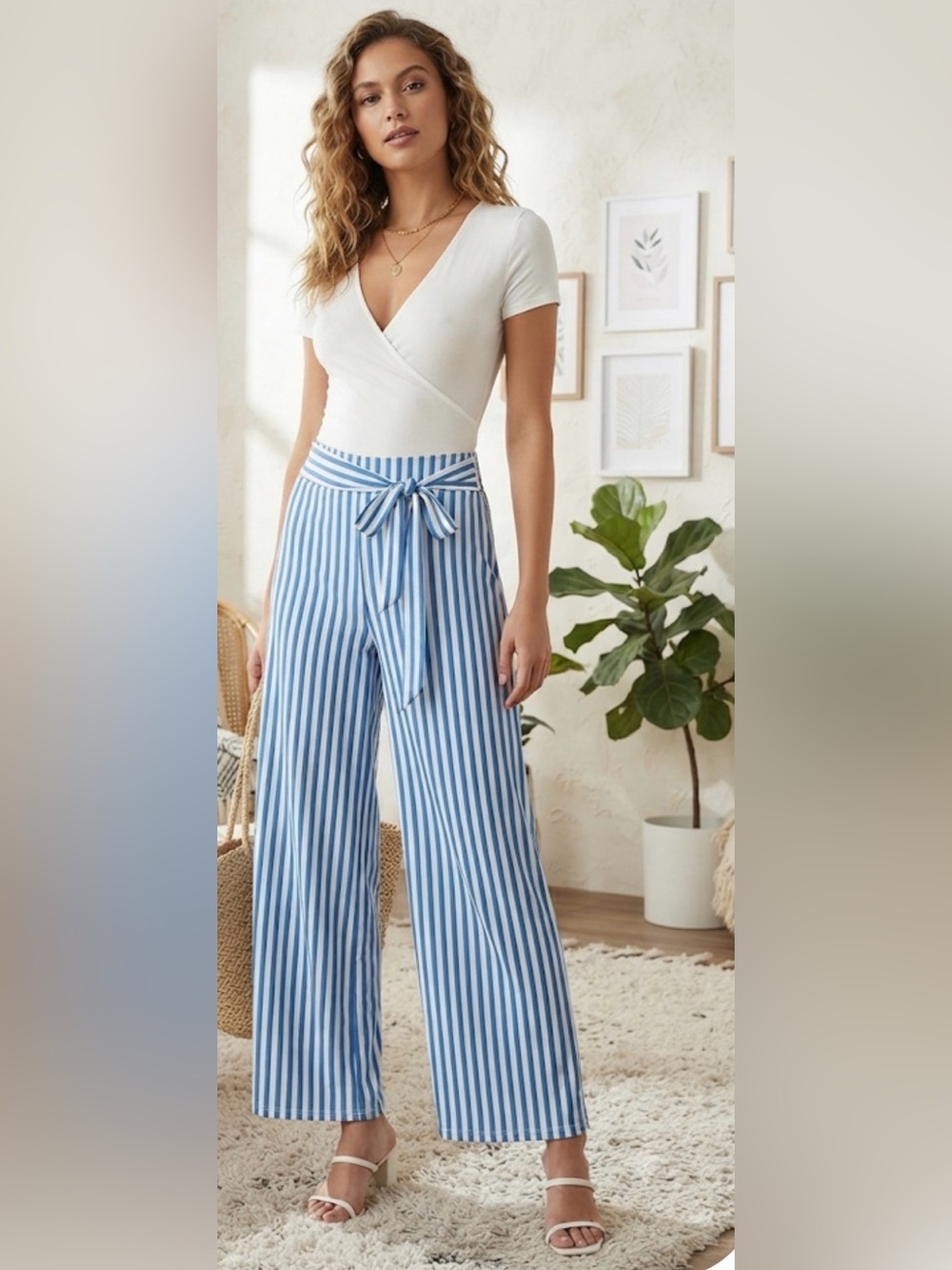NY Collection Blue, Black and White Striped Wide Leg Tie Waist, Size …